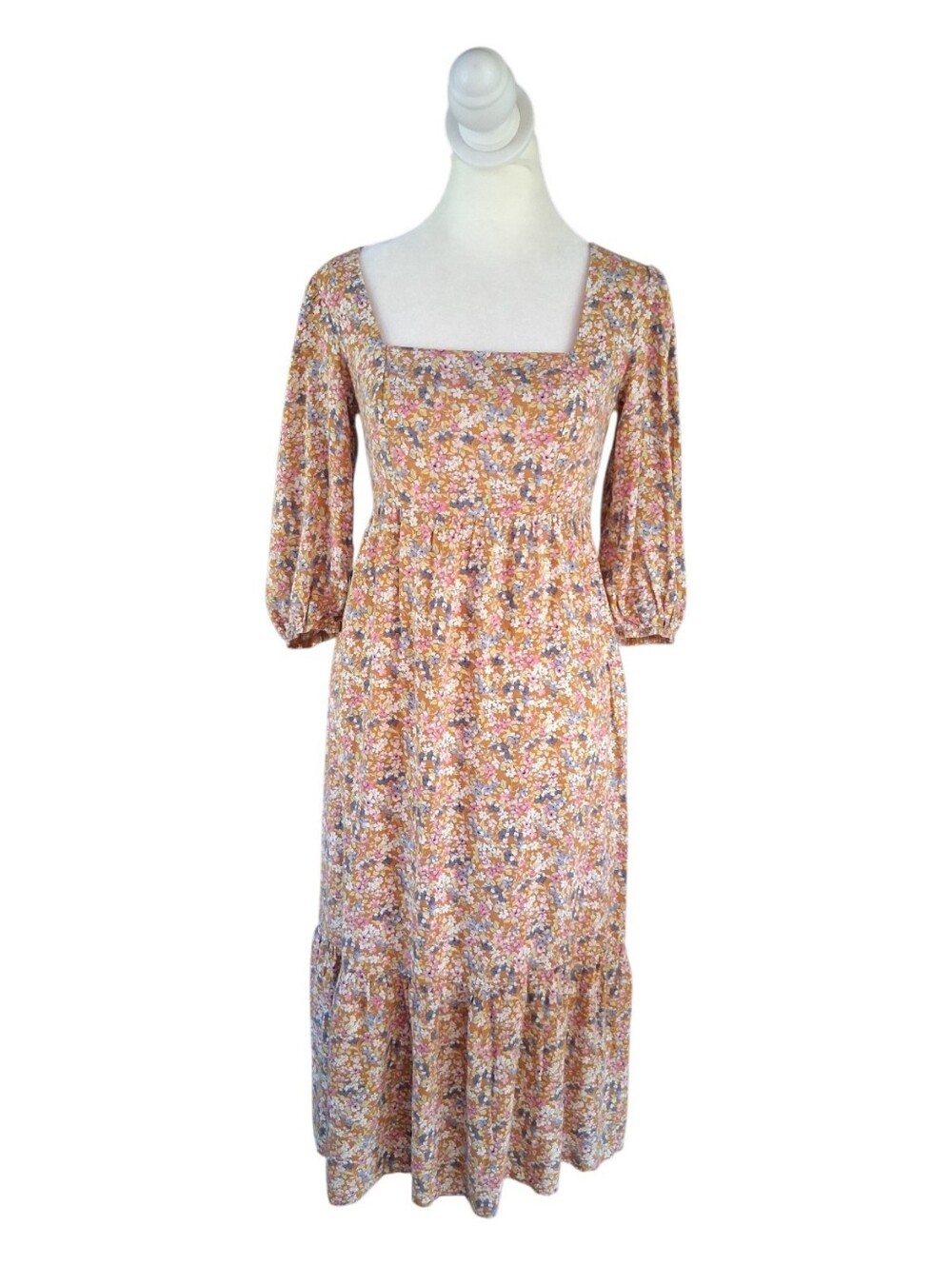 So Floral Square-Neck Midi Dress in Mustard S